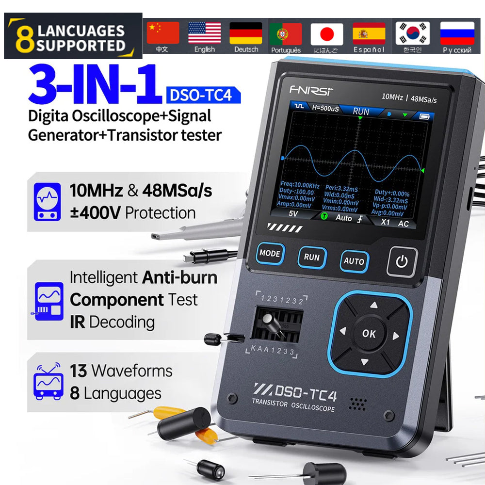 FNIRSI DSO-TC4 3-IN-1 10MHz 48MSa/s Digital Oscilloscope Transistor Tester Signal Generator detail image 3