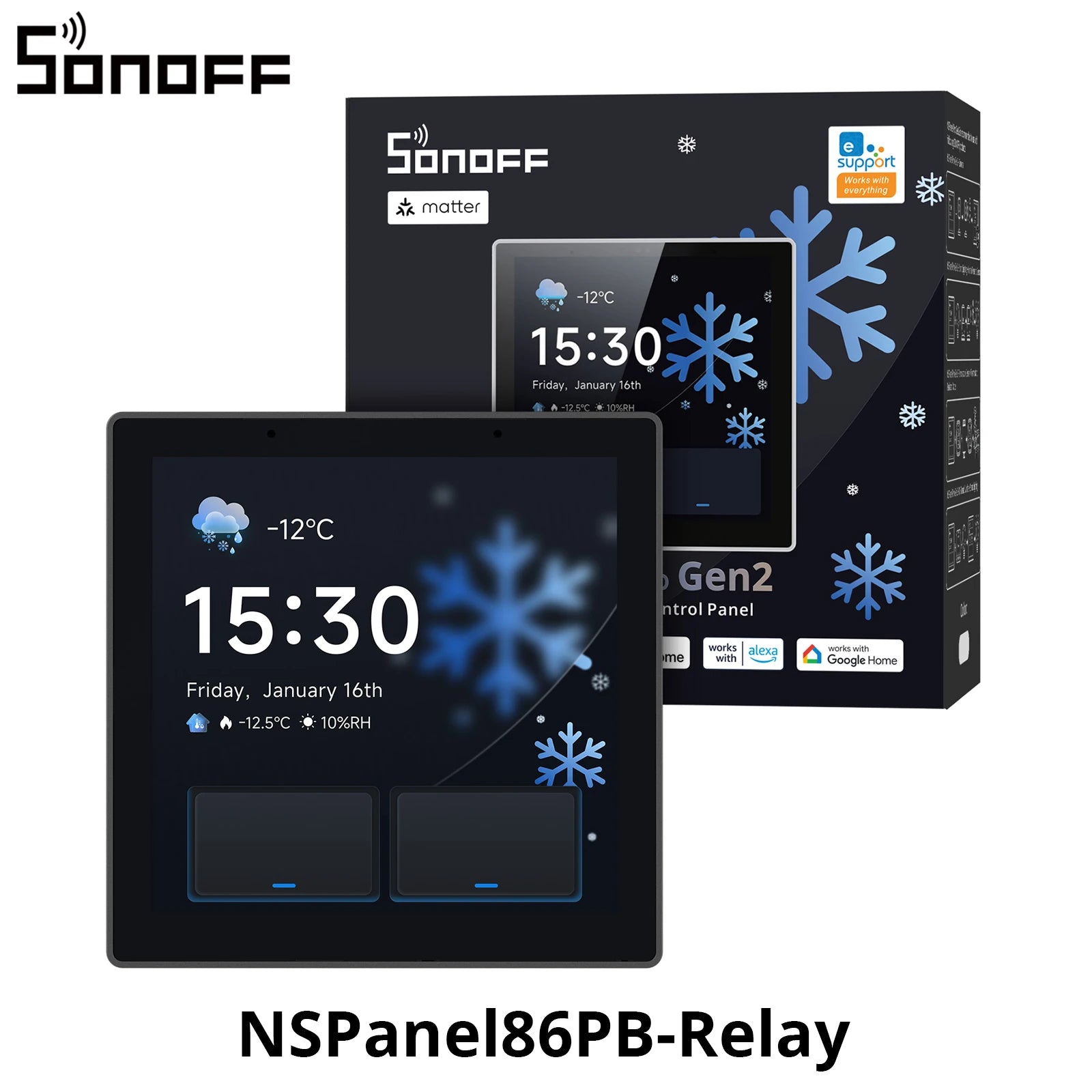 SONOFF NSPanel Pro Gen2 smart home control panel in 86-type format with a two-channel relay, device integration, compatible with Apple Home via Matter