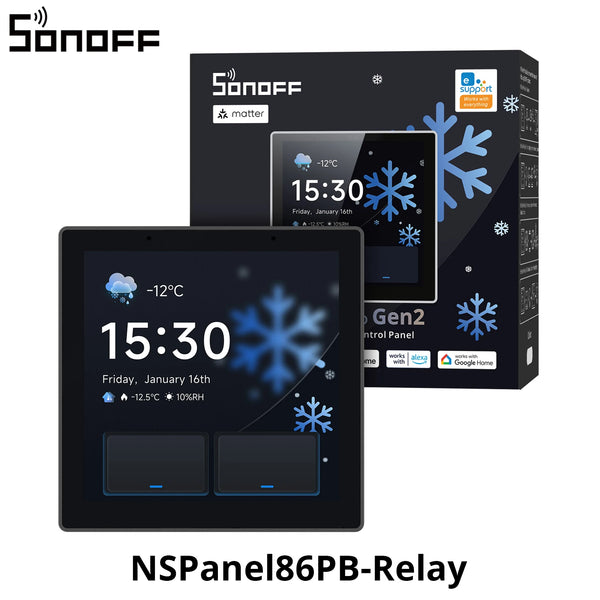 SONOFF NSPanel Pro Gen2 smart home control panel in 86-type format with a two-channel relay, device integration, compatible with Apple Home via Matter
