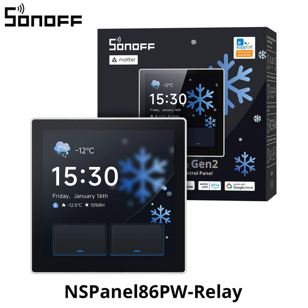 SONOFF NSPanel Pro Gen2 smart home control panel in 86-type format with a two-channel relay, device integration, compatible with Apple Home via Matter