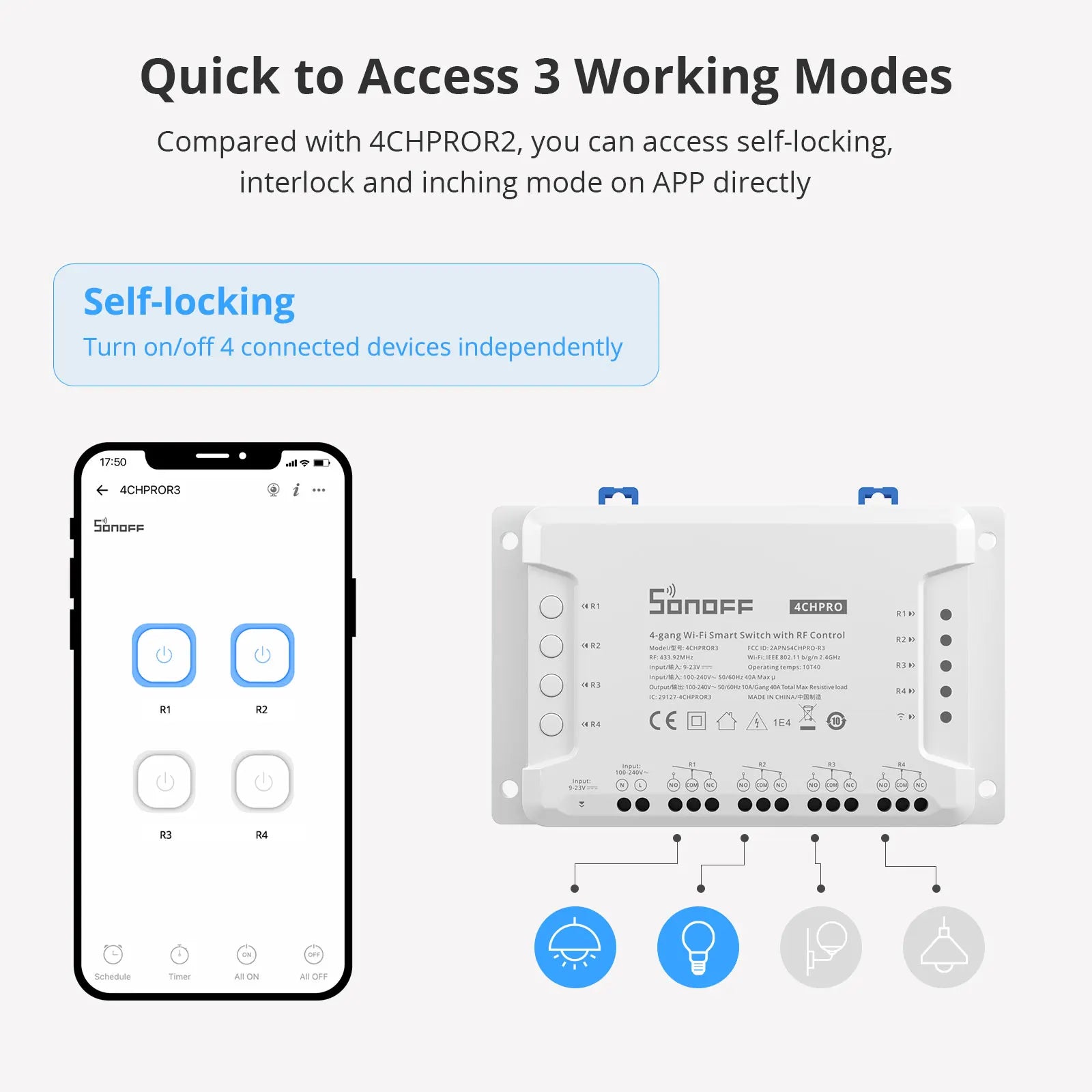 SONOFF 4CHPROR3 4 Gang 433Mhz RF Smart Switch Interlock Self-Locking Inching Modes Remote Control via eWeLink APP Alexa IFTTT