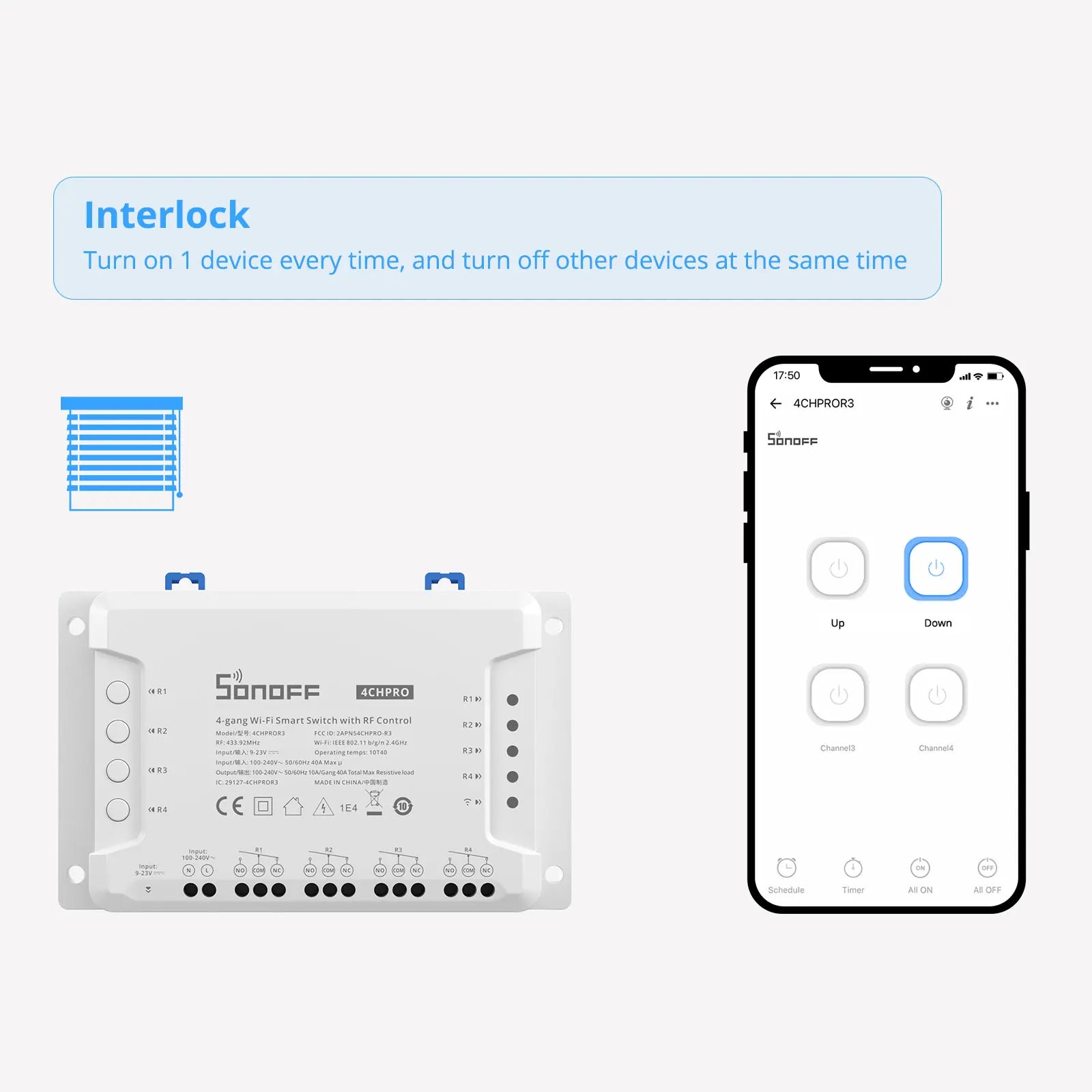 SONOFF 4CHPROR3 4 Gang 433Mhz RF Smart Switch Interlock Self-Locking Inching Modes Remote Control via eWeLink APP Alexa IFTTT