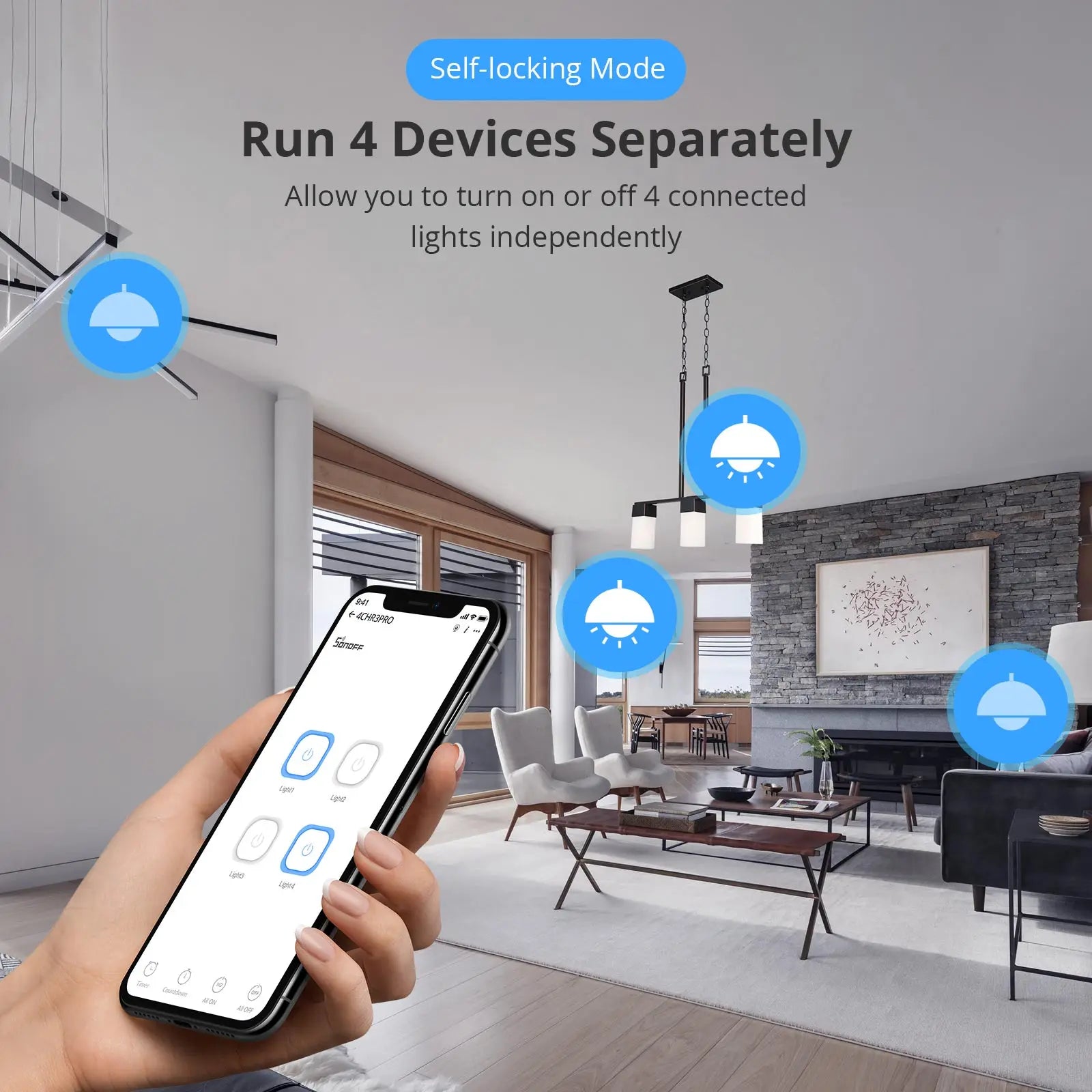 SONOFF 4CHPROR3 4 Gang 433Mhz RF Smart Switch Interlock Self-Locking Inching Modes Remote Control via eWeLink APP Alexa IFTTT