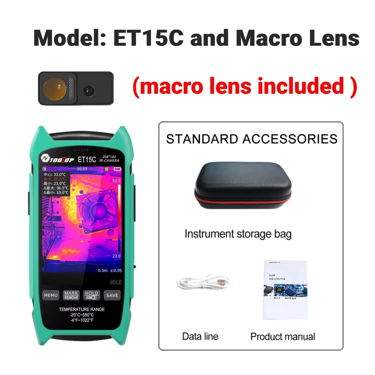 TOOLTOP ET15C High Precision 256x192 Thermal Imager -20℃~+550℃  Macro Lens Optional Automotive Electrical Thermal Imaging Camera