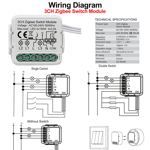 GIRIER Tuya ZigBee 3.0 Switch Module 10A Smart Home DIY Breaker 1 2 3 4 Gang Supports 2 Way Control Works with Alexa Google Home