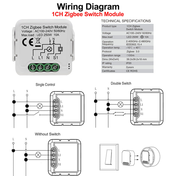 GIRIER Tuya ZigBee 3.0 Switch Module 10A Smart Home DIY Breaker 1 2 3 4 Gang Supports 2 Way Control Works with Alexa Google Home