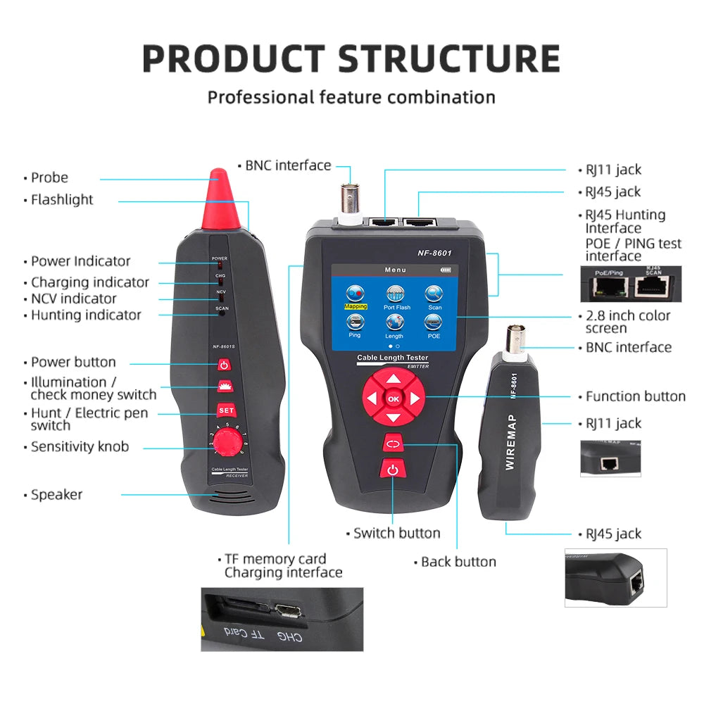 NOYAFA NF-8601W Network Cable Tester TDR Length Test Multipurpose Line Tracker With 8Pcs detail image 5