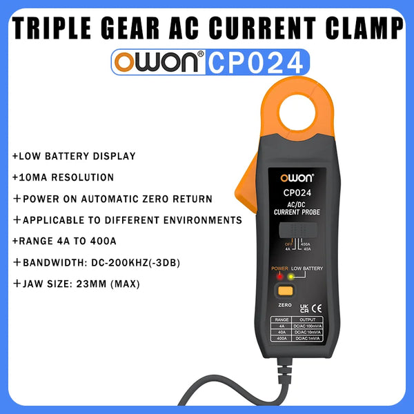 OWON CP024 AC/DC Clamp Probe Tester, DC-AC Current Probe For Digital Storage Oscilloscopes, Jawed Triple product image