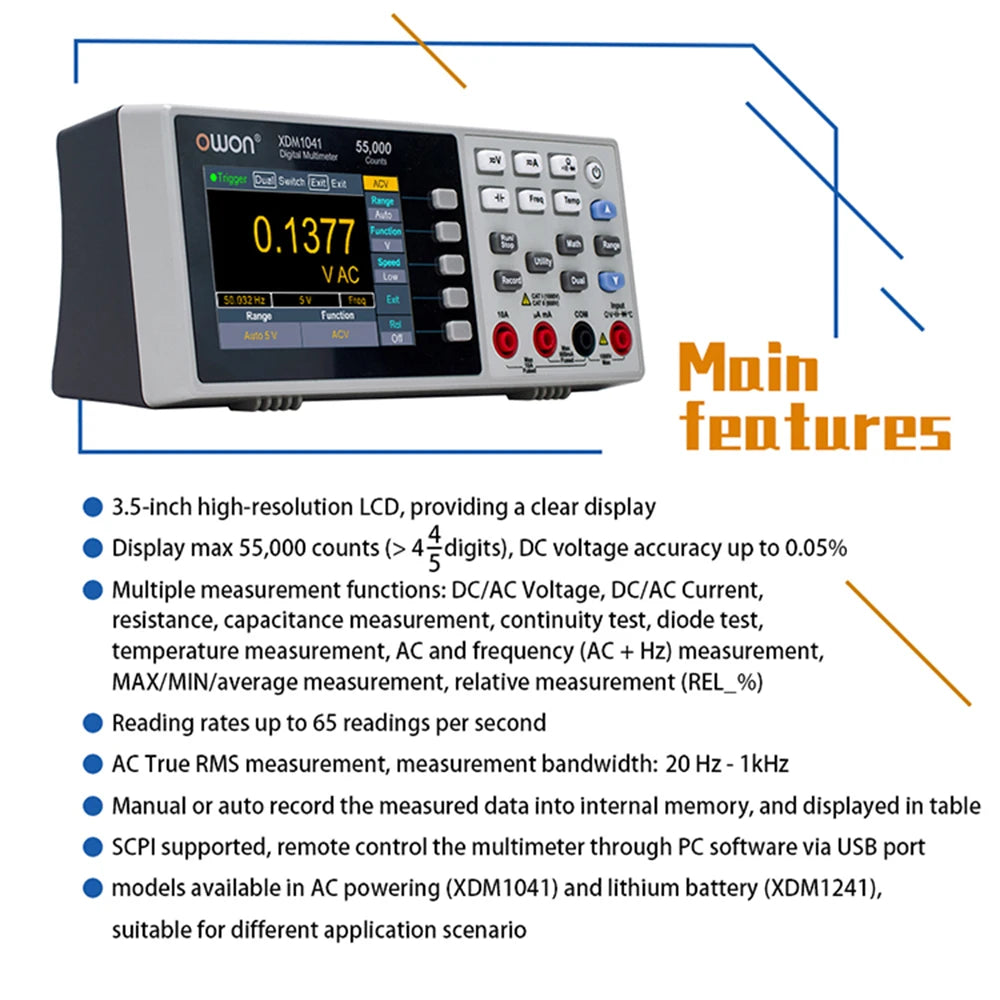 OWON XDM1041/XDM1241 4 1/2 Digital Multimeter Portable Bench LCD Multimeter True RMS AC/DC detail image 2