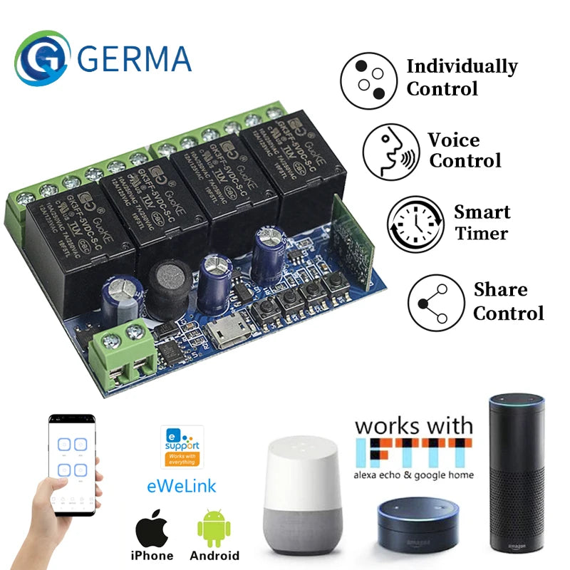 GERMA Input USB 5V DC 5 12 24 36 48V eWeLink Smart Wifi Switch Wireless Relay Receiver Module 4CH Remote product image