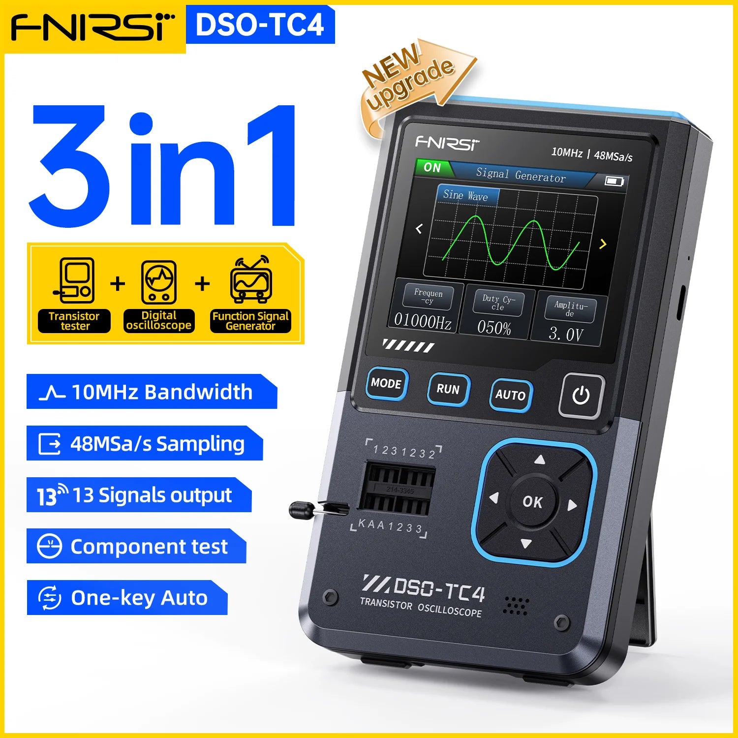 FNIRSI DSO-TC4 3-IN-1 10MHz 48MSa/s Digital Oscilloscope Transistor Tester Signal Generator product image