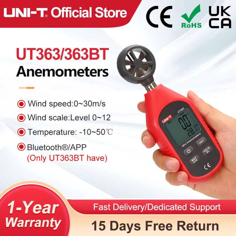 UNI-T Anemometer UT363 UT363BT Wind Speed Meter 0~30m/s Air Speedometer Digital Temperature Meter Wind Speed Measurement