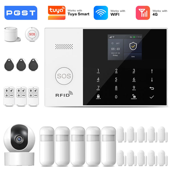 PGST 4G 2G GSM WiFi Alarm System House Home Security Protection Alarm System Kit Door Sensor Works with Tuya Smart Life Alexa
