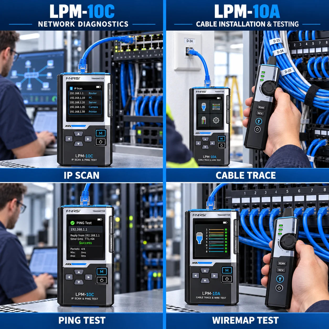 FNIRSI LPM-10C/LPM-10A  LAN Ethernet Cable Tester Toner Wire Tracker IP Scan PING PoE Tester RJ45 Wiremap Length 1Gbps NCV