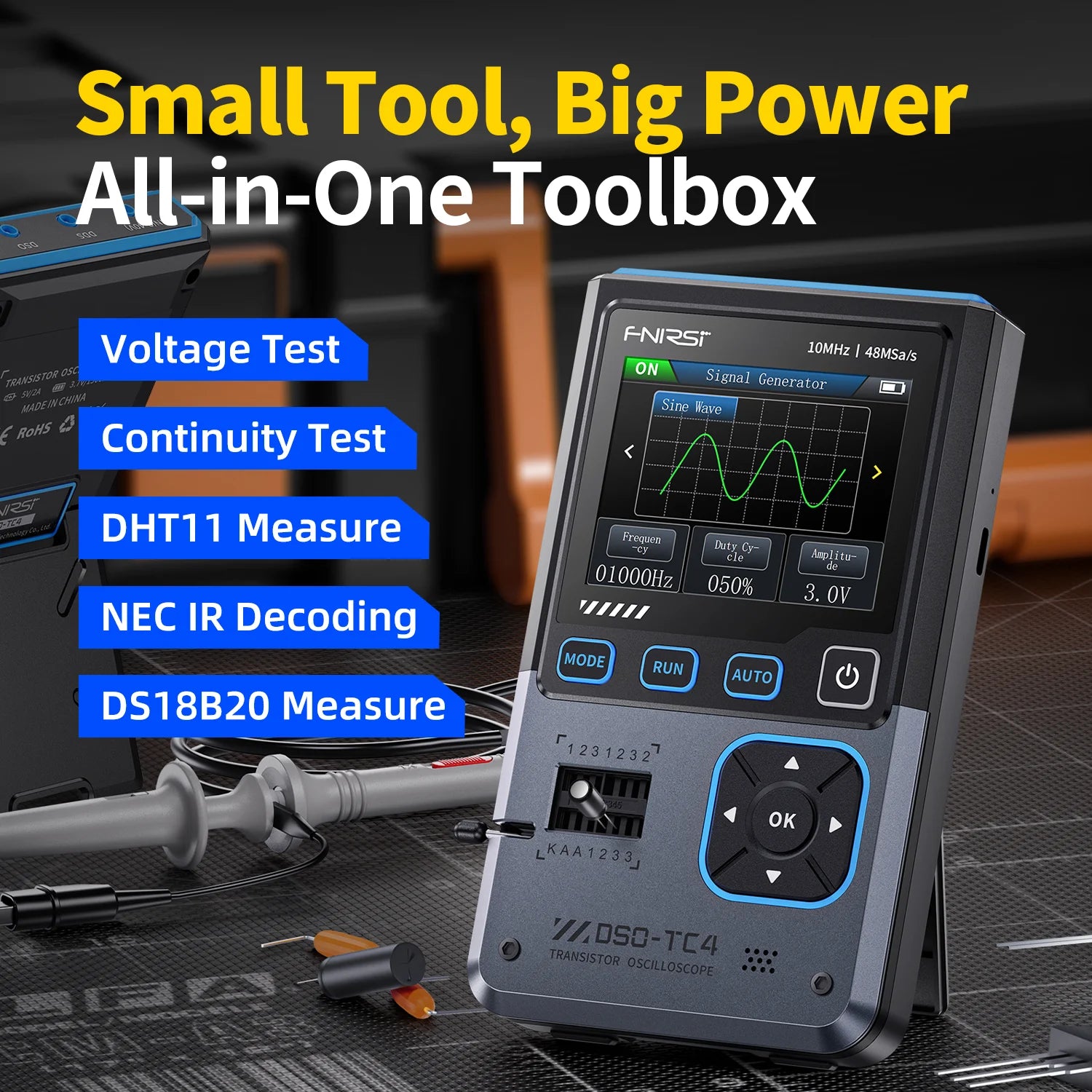 FNIRSI DSO-TC4 3-IN-1 10MHz 48MSa/s Digital Oscilloscope Transistor Tester Signal Generator detail image 4