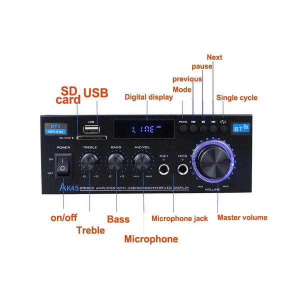 AK45 HiFi Digital Bluetooth Audio Amplifier MP3 Channel 2.0 Sound Power AMP stereo Home detail image 2