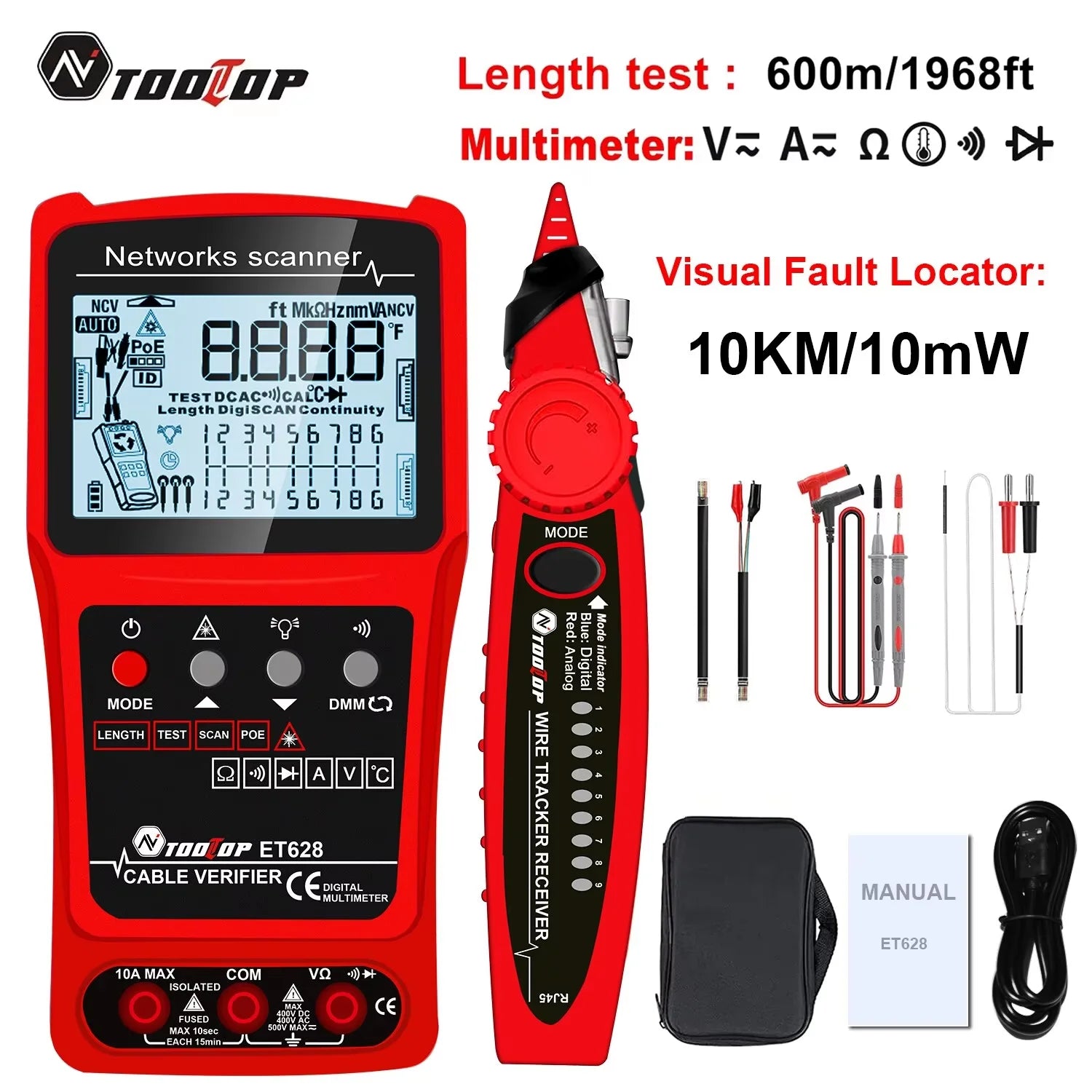 TOOLTOP 3 in 1 LAN Cable Tester Visual Fault Locator Multimeter 600M Length Measure Cable Mapping POE Rj4 product image
