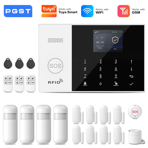 PGST 4G 2G GSM WiFi Alarm System House Home Security Protection Alarm System Kit Door Sensor Works with Tuya Smart Life Alexa