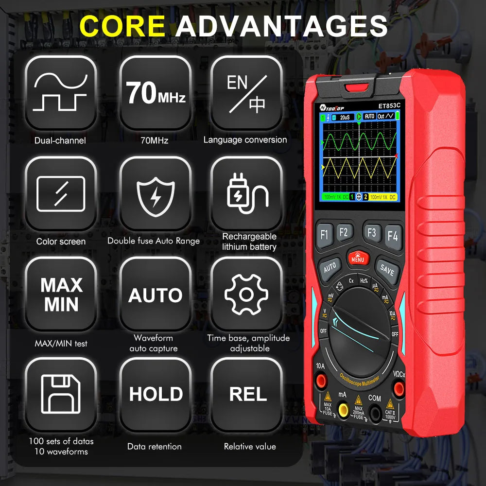 TOOLTOP ET853C 70Mhz 2CH Portable Digital Oscilloscope 20000 Counts Digital Multimeter detail image 2