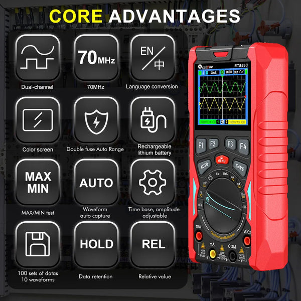 TOOLTOP ET853C 70Mhz 2CH Portable Digital Oscilloscope 20000 Counts Digital Multimeter detail image 2