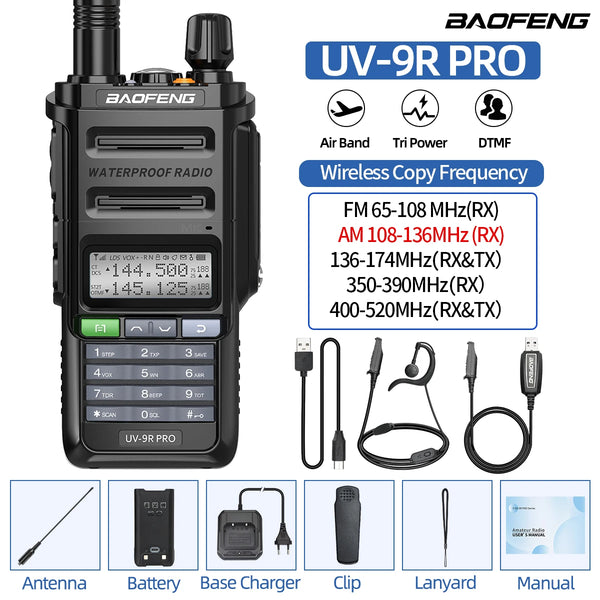 BAOFENG UV-9R PRO Multi Band Walkie Talkie IP68 Waterproof Wireless Copy Frequency Tri Power Type-C DTMF Long Range Ham Radio