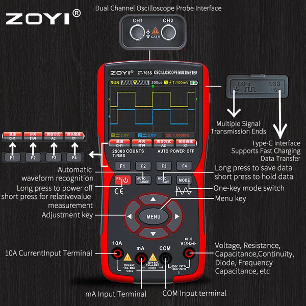 ZOYI ZT-703 Handheld digital oscilloscope multimeter three-in-one two-channel oscillometer detail image 3