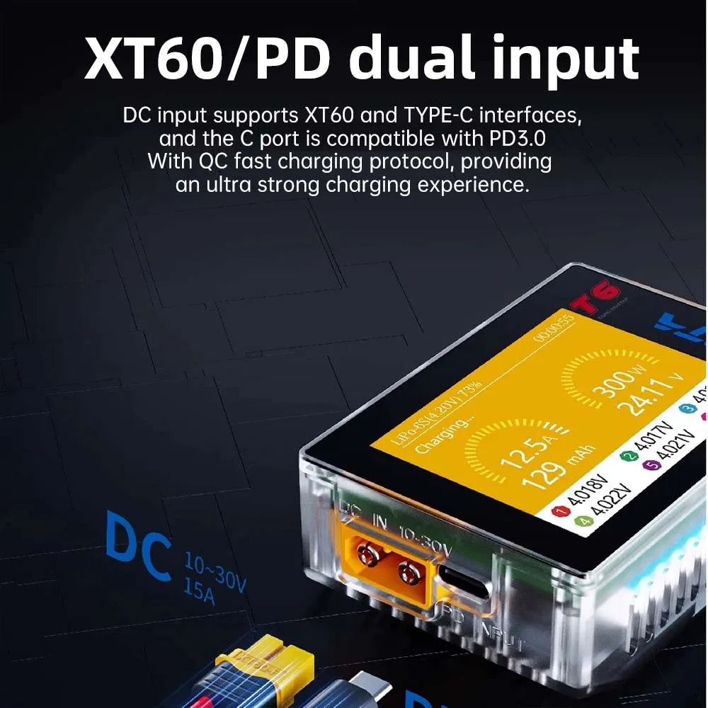 HOTA T6 Smart Charger  DC/PD Dual Input 300W 2.4IPS Supports XT60 and TYPE-C Interfaces Compatible  PD3.0 FPV RC Battery Charger