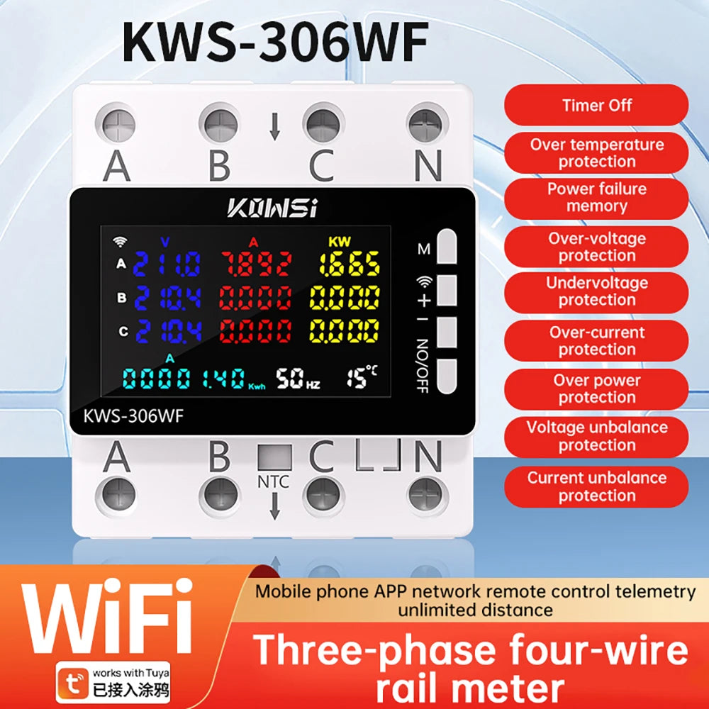 KWS-306 Voltmeter Ammeter Power Meter AC 85-290V 80A 3-phase 4-wire DIN-Rail Meter Power Failure Protecti product image