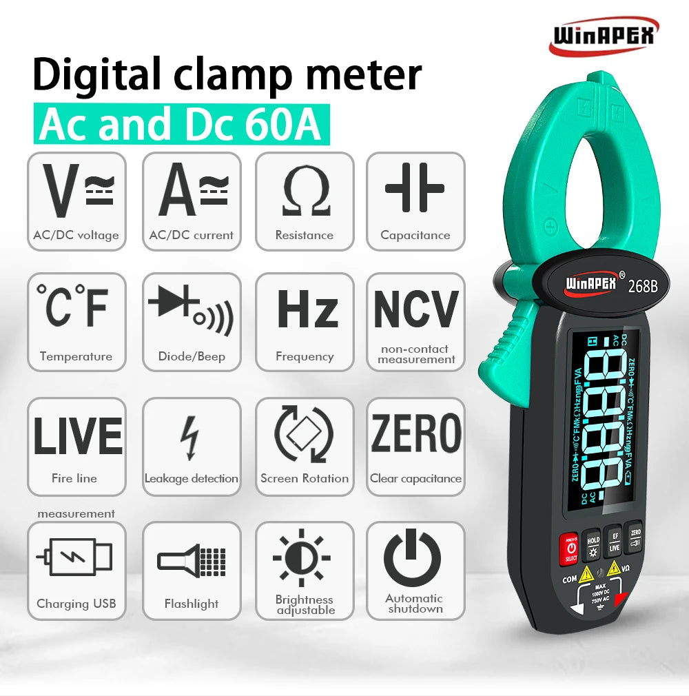 268B Digital Clamp Meter 60A 1000V AC DC Current Clamp True RMS Clamp Amperemeter Voltmeter Diode Tempera product image