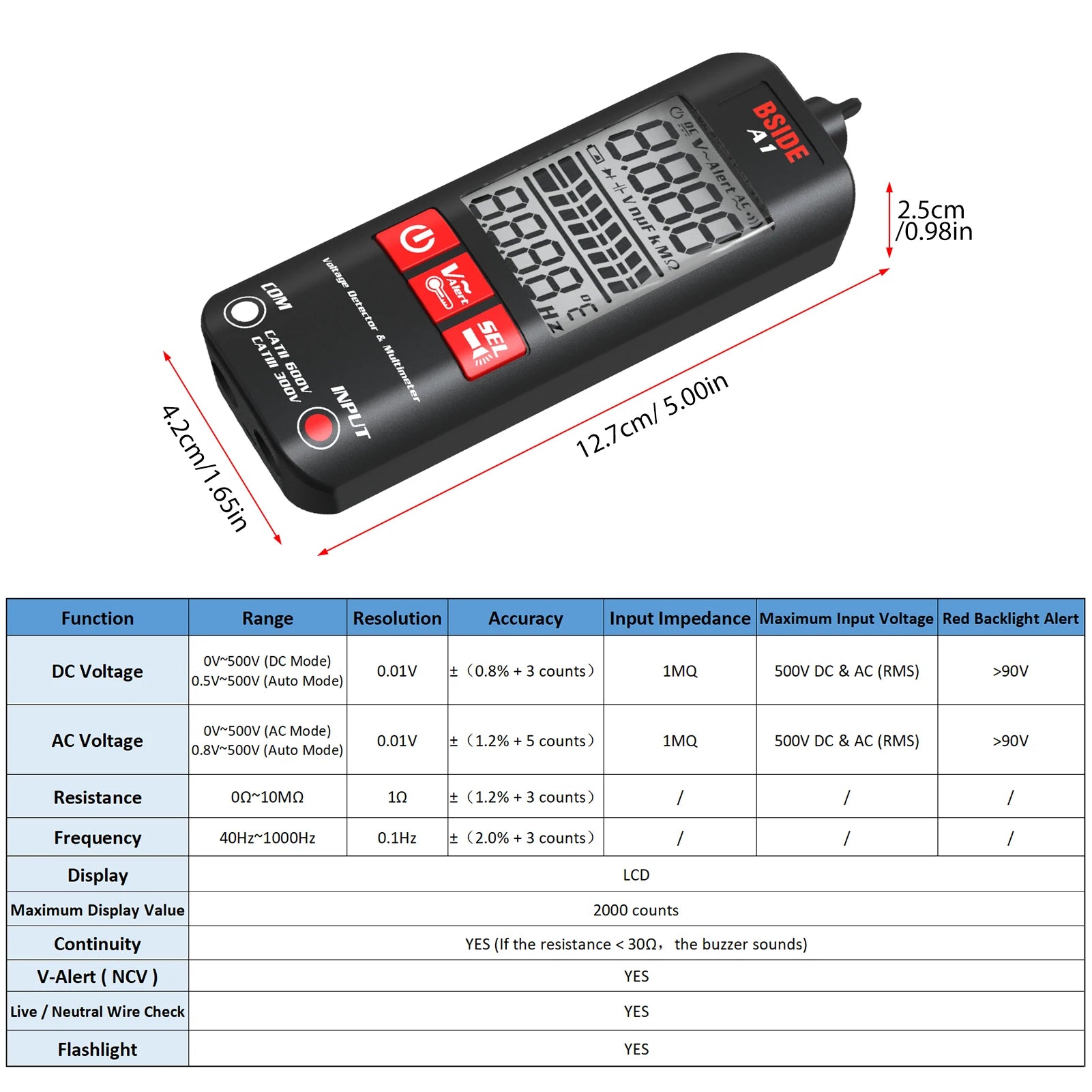 BSIDE A1 2000 Counts Multimeter LCD Digital Tester Voltage Detector DC/AC Voltage Frequency detail image 2