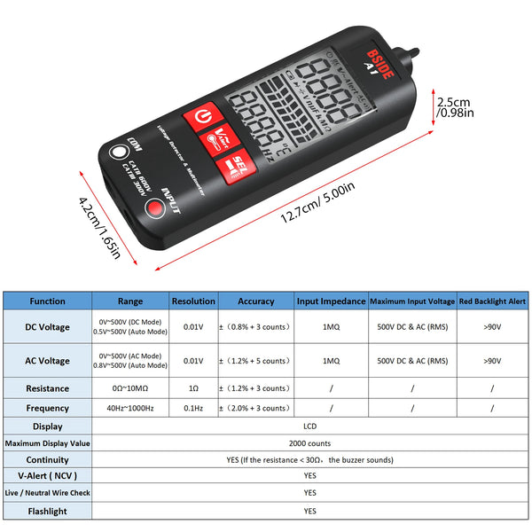 BSIDE A1 2000 Counts Multimeter LCD Digital Tester Voltage Detector DC/AC Voltage Frequency detail image 2