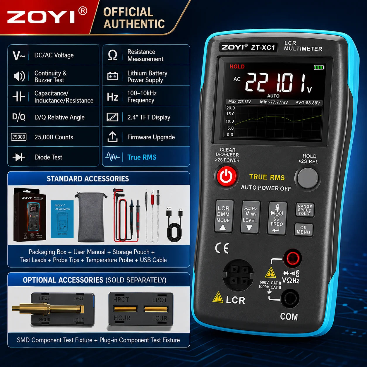 ZOYI ZT-XC1 High Precision LCR Digital Bridge + True RMS Multimeter 2-in-1 Professional Tester Inductance Resistance Capacitance