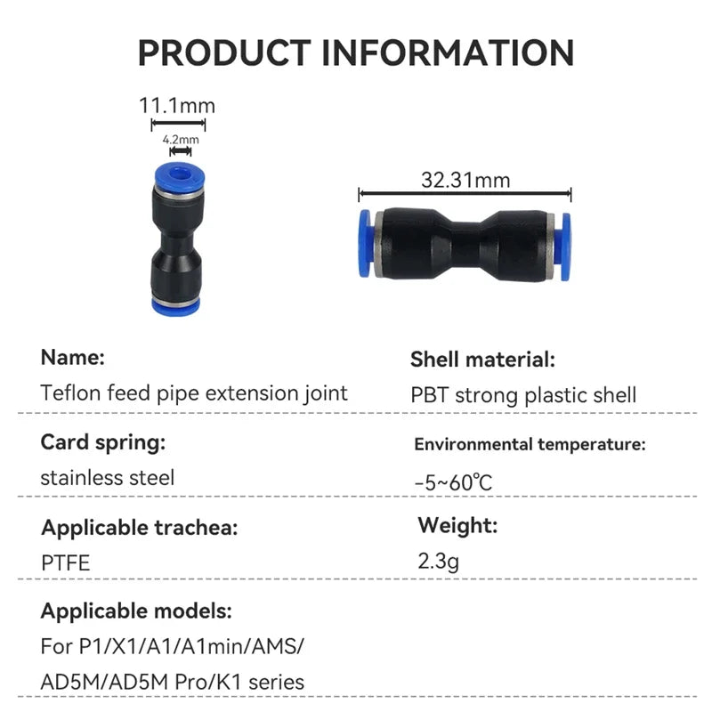 Pneumatic Fitting For Bambu Lab X1C X1 P1P P1S 3D Printer PTFE Tube 1.75mm Filament Extruder Bambulab AMS Pneumatic Connector