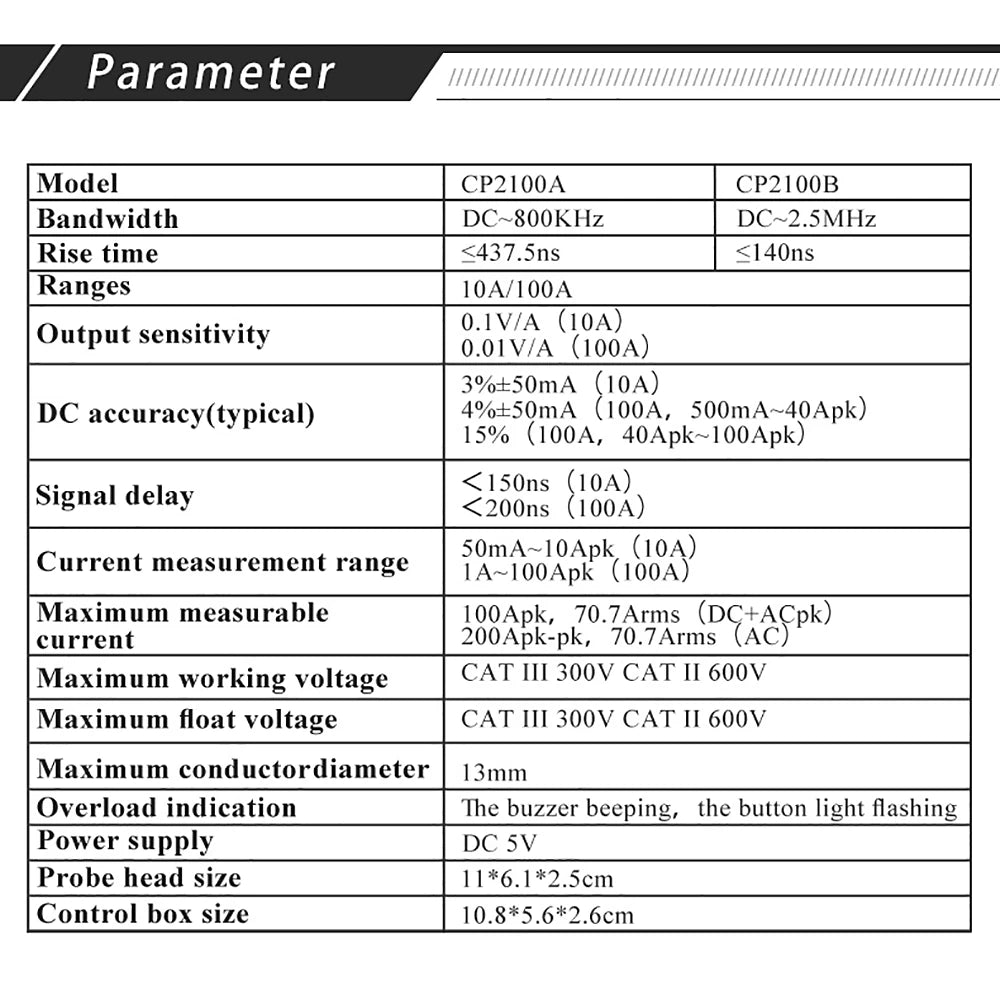 Micsig CP2100A CP2100B AC/DC Current Probes 2.5MHz 10A/100A Maximum Measurable Current 100Apk 70.7Arms (DC+ACpk)