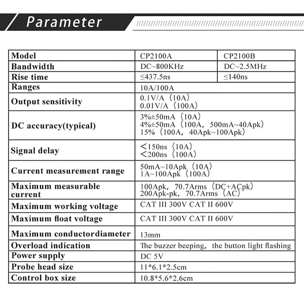 Micsig CP2100A CP2100B AC/DC Current Probes 2.5MHz 10A/100A Maximum Measurable Current 100Apk 70.7Arms (DC+ACpk)