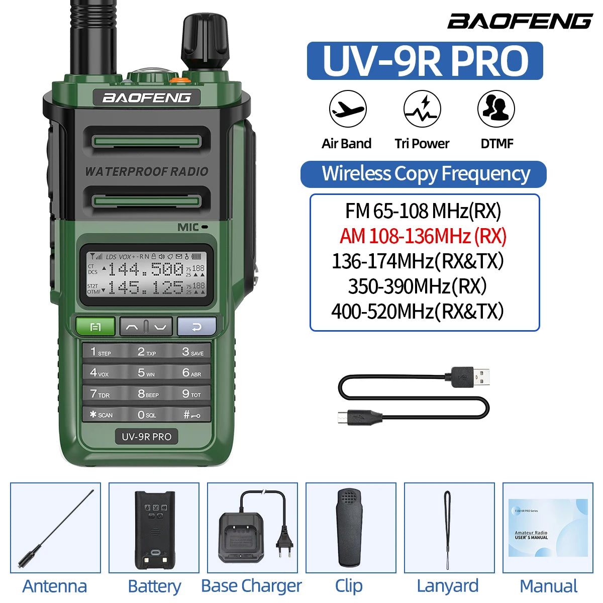 BAOFENG UV-9R PRO Multi Band Walkie Talkie IP68 Waterproof Wireless Copy Frequency Tri Power Type-C DTMF Long Range Ham Radio