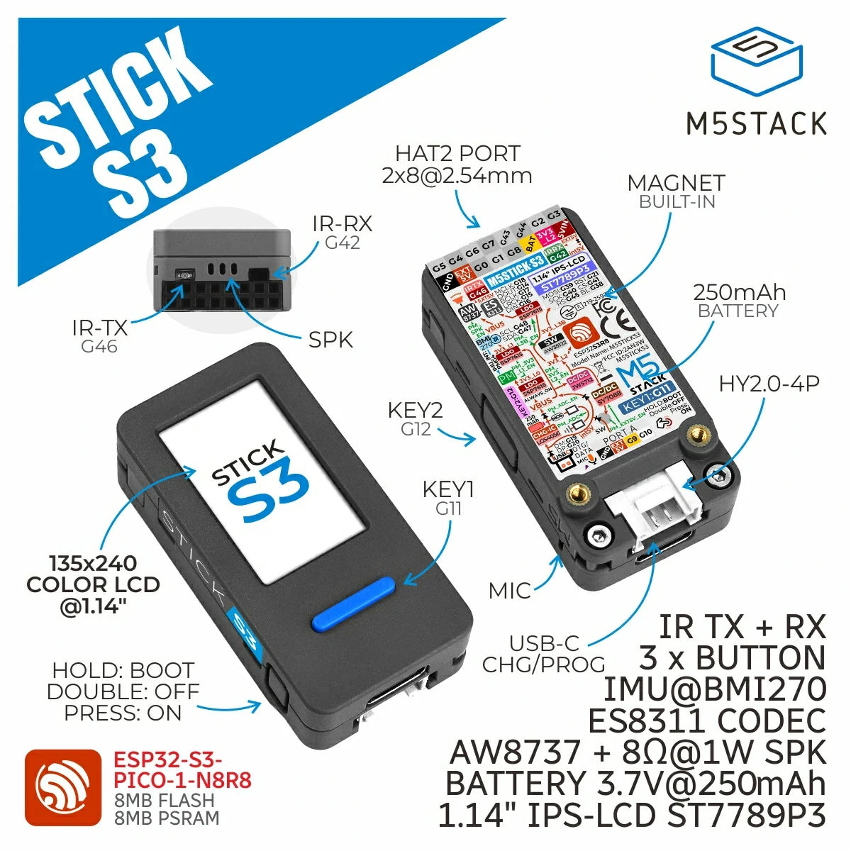 M5Stack StickS3 StickC PLUS2 Upgraded Version ESP32-S3 8MB Programmable Controller BT WiFi detail image 2