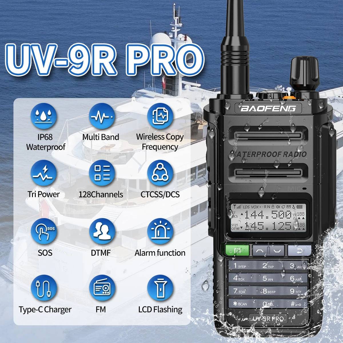 BAOFENG UV-9R PRO Multi Band Walkie Talkie IP68 Waterproof Wireless Copy Frequency Tri Power Type-C DTMF Long Range Ham Radio