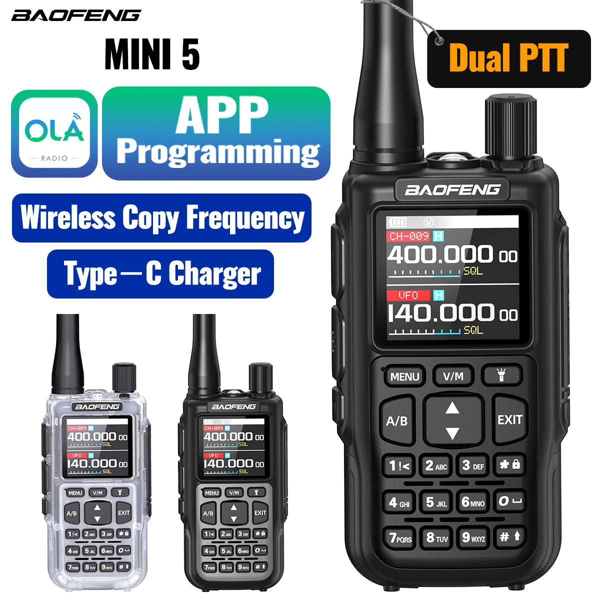BAOFENG MINI 5 Walkie Talkie Multi Band Bluetooth Programming Dual PTT 2200mAh Copy Frequency New Upgrade UV 5R Mini Ham Radio