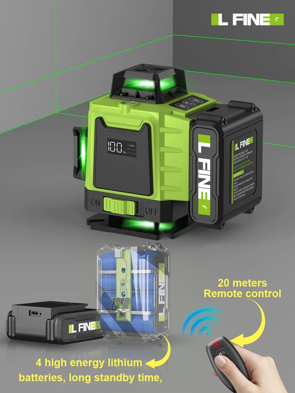 LFINE 3D/4D Laser Level 12/16 Lines Horizontal And Vertical With Remote Control 8 Lines 360°Self-leveling product image
