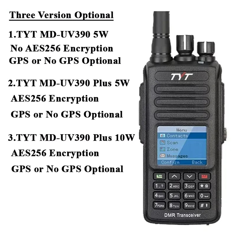TYT MD-UV390 Plus DMR Digital Walkie Talkie 5W/10W GPS AES256 Encryption Optional IP67 Waterproof VHF UHF 3000 LCD MDUV390 Radio