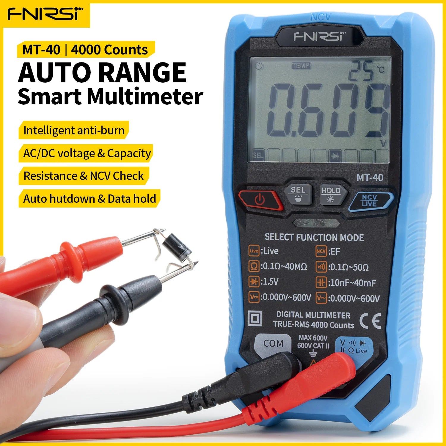 FNIRSI MT-40 Smart Digital Voltage and Current Meter 4000 Counts True RMS AC DC 600V detail image 7