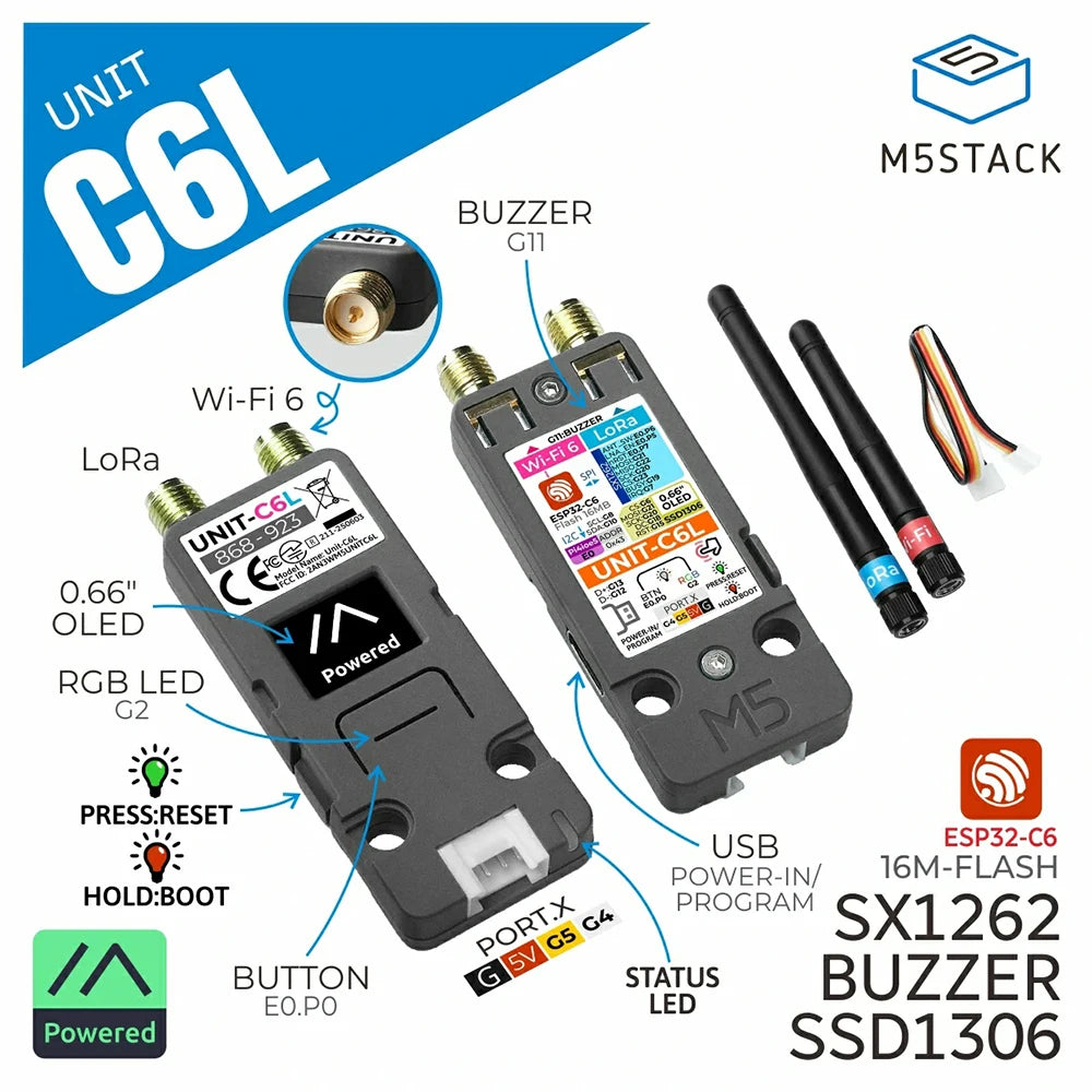M5Stack Unit C6L LoRa Communication Unit ESP32-C6 Wi-Fi 6 & SX1262 868-923MHz Supports detail image 2