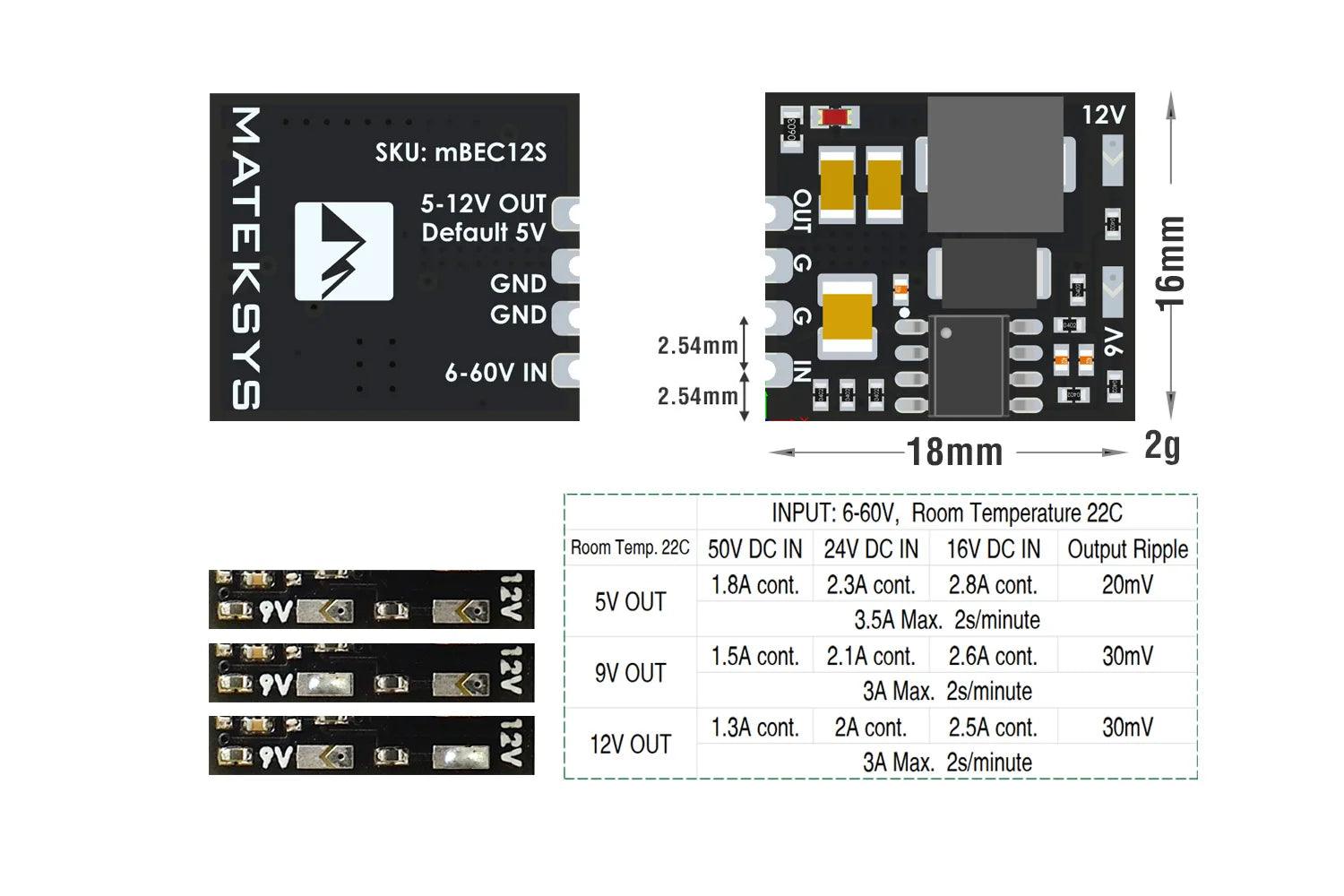 MATEK MICRO BEC 6-60V TO 5V/9V/12V-ADJ MBEC12S Step-Down Regulator Module For RC Model Airplane Helicopter FPV Racing Drone
