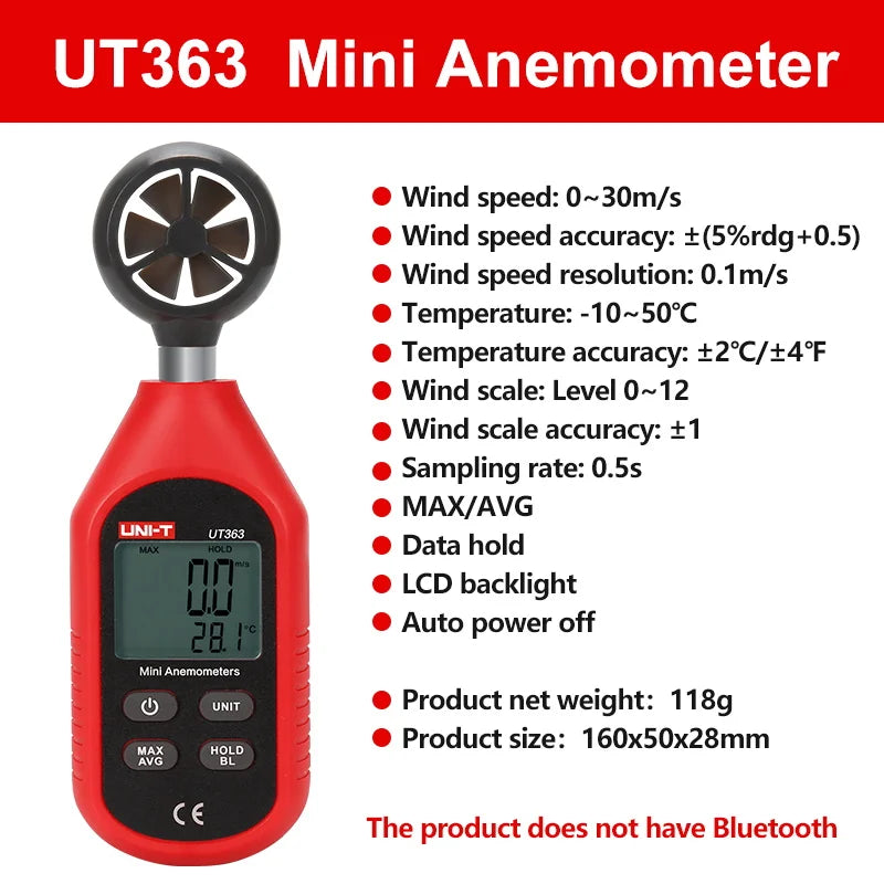 UNI-T Anemometer UT363 UT363BT Wind Speed Meter 0~30m/s Air Speedometer Digital Temperature Meter Wind Speed Measurement