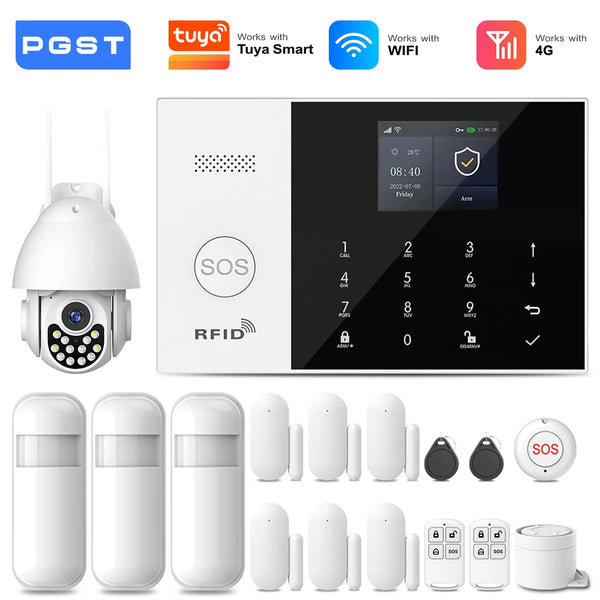 PGST 4G 2G GSM WiFi Alarm System House Home Security Protection Alarm System Kit Door Sensor Works with Tuya Smart Life Alexa