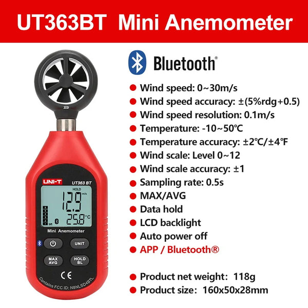 UNI-T Anemometer UT363 UT363BT Wind Speed Meter 0~30m/s Air Speedometer Digital Temperature Meter Wind Speed Measurement
