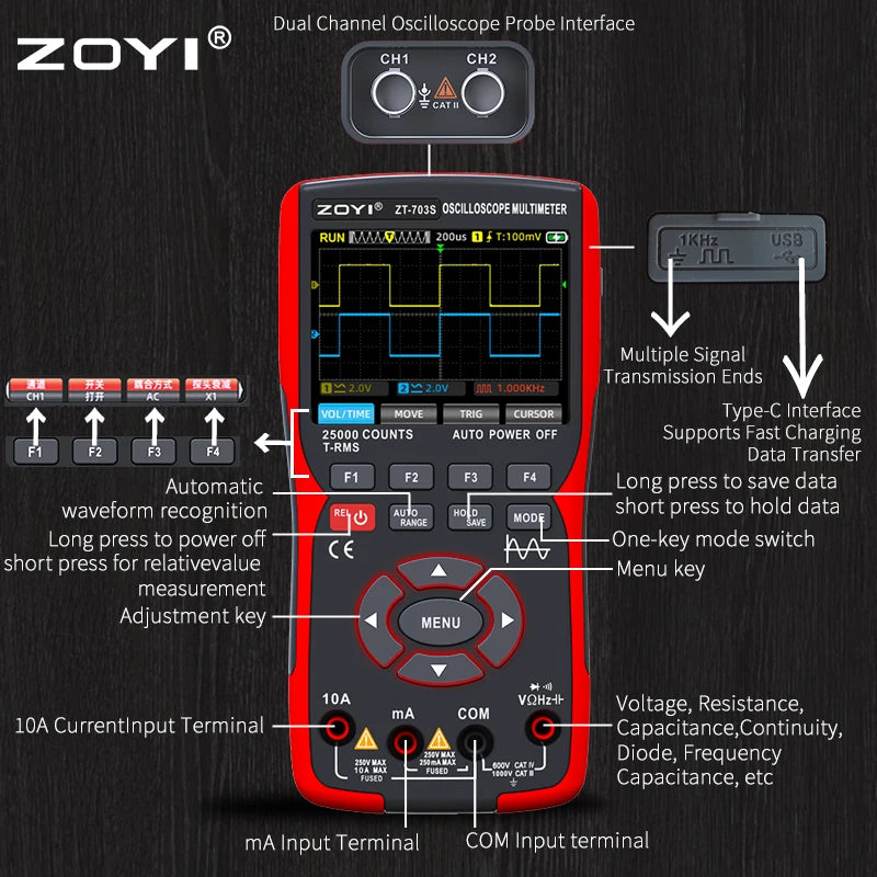 Multi-instrument dual-channel oscilloscope ZT-703S multi-function multimeter signal detail image 3