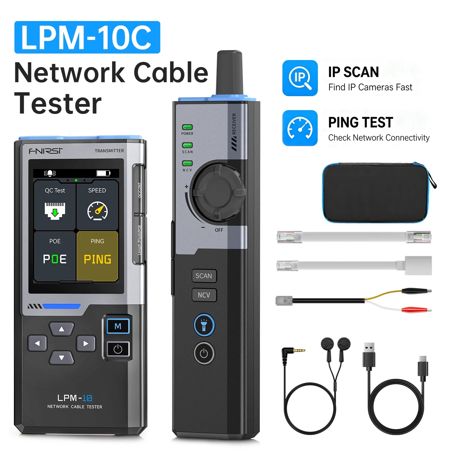 FNIRSI LPM-10C/LPM-10A  LAN Ethernet Cable Tester Toner Wire Tracker IP Scan PING PoE Tester RJ45 Wiremap Length 1Gbps NCV