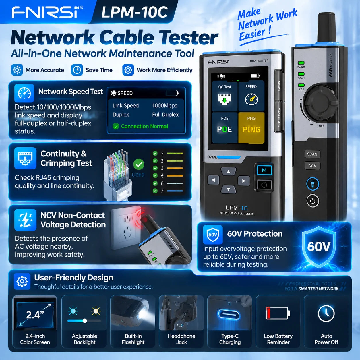 FNIRSI LPM-10C/LPM-10A  LAN Ethernet Cable Tester Toner Wire Tracker IP Scan PING PoE Tester RJ45 Wiremap Length 1Gbps NCV